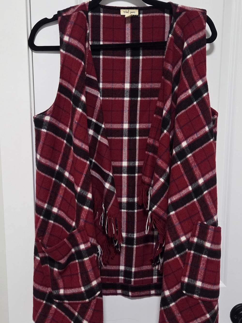 Tribal Red Plaid Fringe Vest